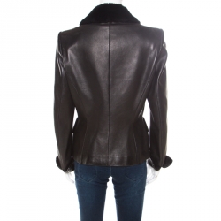 Barbara Bui Dark Brown Fur Collar Belted Leather Jacket L