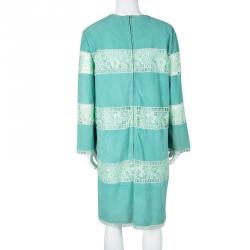 Blumarine Resort'16 Turquoise Goat Leather Embroidered Lace Panel Detail Dress XL