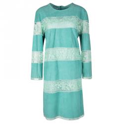 Blumarine Resort'16 Turquoise Goat Leather Embroidered Lace Panel Detail Dress XL