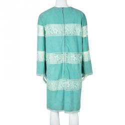 Blumarine Resort'16 Turquoise Goat Leather Embroidered Lace Panel Detail Dress XL