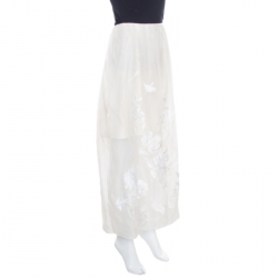 Blumarine Ivory Floral Embroidered Applique Detail Tulle Overlay Maxi Skirt XL
