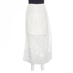 Blumarine Ivory Floral Embroidered Applique Detail Tulle Overlay Maxi Skirt XL