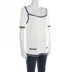 Blumarine Off White Contrast Trim Knit Short Sleeve Top L