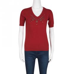Blumarine Red Embellished Wool and Cashmere Short Sleeve Sweater M