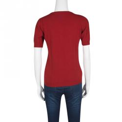 Blumarine Red Embellished Wool and Cashmere Short Sleeve Sweater M