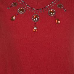 Blumarine Red Embellished Wool and Cashmere Short Sleeve Sweater M