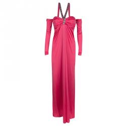 Blumarine Pink Knit Embellished Off Shoulder Maxi Dress M