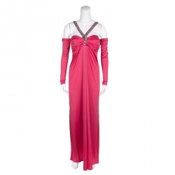 Blumarine Pink Knit Embellished Off Shoulder Maxi Dress M