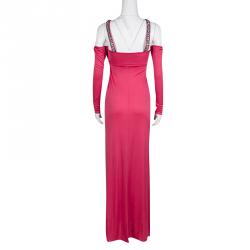 Blumarine Pink Knit Embellished Off Shoulder Maxi Dress M