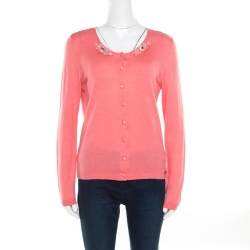 Blumarine Salmon Pink Cotton Silk Embellished Button Front Cardigan L