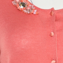 Blumarine Salmon Pink Cotton Silk Embellished Button Front Cardigan L