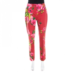 Red Floral Print Cotton Straight Fit Trousers