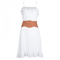 مملوكة مسبقًا Boss Orange By Hugo Boss White Cotton Ruffle Detail Belted Antara Dress S