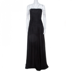 Pre Owned Boss By Hugo Boss Black Ruched Silk Strapless Dramata Maxi Dress M