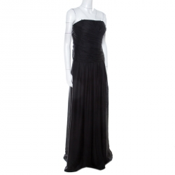 Pre Owned Boss By Hugo Boss Black Ruched Silk Strapless Dramata Maxi Dress M