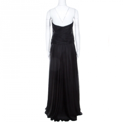 Pre Owned Boss By Hugo Boss Black Ruched Silk Strapless Dramata Maxi Dress M