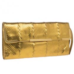 Pre Owned Bottega Veneta Gold Snakeskin Intrecciato Metal Trim Clutch