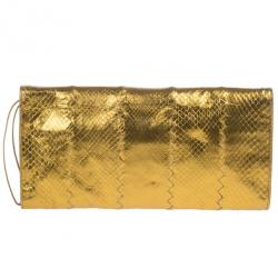 Pre Owned Bottega Veneta Gold Snakeskin Intrecciato Metal Trim Clutch