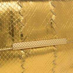 Pre Owned Bottega Veneta Gold Snakeskin Intrecciato Metal Trim Clutch