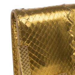 Pre Owned Bottega Veneta Gold Snakeskin Intrecciato Metal Trim Clutch