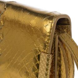 Pre Owned Bottega Veneta Gold Snakeskin Intrecciato Metal Trim Clutch