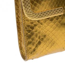 Pre Owned Bottega Veneta Gold Snakeskin Intrecciato Metal Trim Clutch