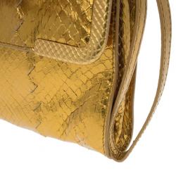 Pre Owned Bottega Veneta Gold Snakeskin Intrecciato Metal Trim Clutch