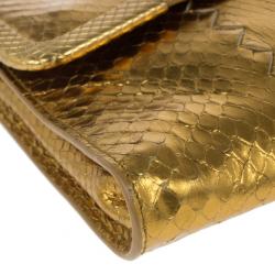 Pre Owned Bottega Veneta Gold Snakeskin Intrecciato Metal Trim Clutch