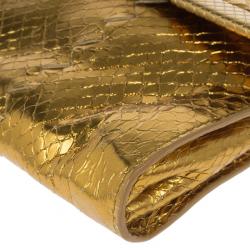 Pre Owned Bottega Veneta Gold Snakeskin Intrecciato Metal Trim Clutch