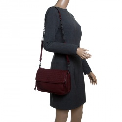 Pre Owned Bottega Veneta Burgundy Intrecciato Leather Drawstring Flap Shoulder Bag