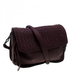 Pre Owned Bottega Veneta Burgundy Intrecciato Leather Drawstring Flap Shoulder Bag