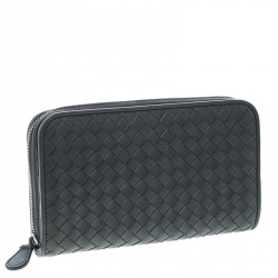 Pre Owned Bottega Veneta Grey Intrecciato Leather Zip Around Wallet