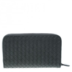 Pre Owned Bottega Veneta Grey Intrecciato Leather Zip Around Wallet