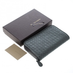 Pre Owned Bottega Veneta Grey Intrecciato Leather Zip Around Wallet