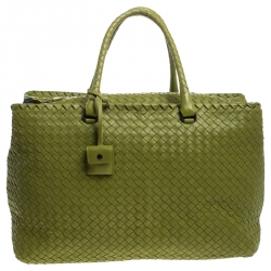 Pre Owned  Bottega Veneta Green Leather Intercciato Woven Tote