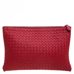 Bottega Veneta Red Intrecciato Woven Leather Large Pouch