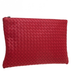 Bottega Veneta Red Intrecciato Woven Leather Large Pouch
