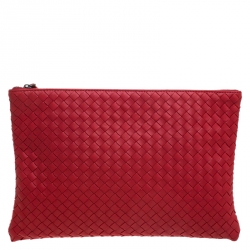 Bottega Veneta Red Intrecciato Woven Leather Large Pouch