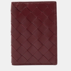 Pre Owned Bottega Veneta Burgundy Intrecciato Leather Passport Holder