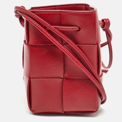 Pre Owned Bottega Veneta Red Intreccio Leather Mini Cassette Bucket Bag