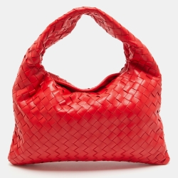 Pre Owned Bottega Veneta Red Intrecciato Leather Small Hop Shoulder Bag