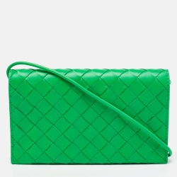 Pre Owned Bottega Veneta Green Intrecciato Leather Wallet on Strap