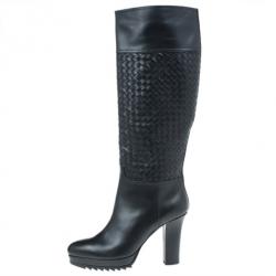 Pre Owned Bottega Veneta Black Leather Intrecciato Platform Knee Boots Size 40