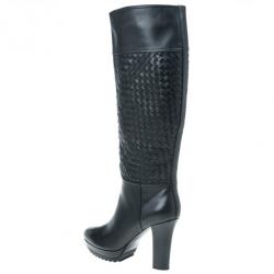 Pre Owned Bottega Veneta Black Leather Intrecciato Platform Knee Boots Size 40