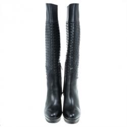 Pre Owned Bottega Veneta Black Leather Intrecciato Platform Knee Boots Size 40