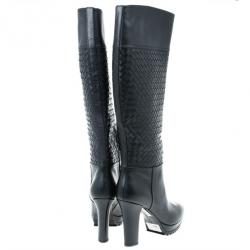 Pre Owned Bottega Veneta Black Leather Intrecciato Platform Knee Boots Size 40