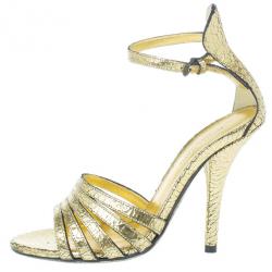 Pre Owned Bottega Veneta Gold Crackled Leather Metallic Ankle Strap Sandals Size 36