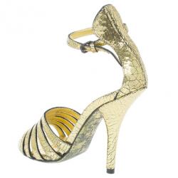Pre Owned Bottega Veneta Gold Crackled Leather Metallic Ankle Strap Sandals Size 36