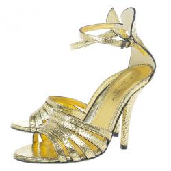 Pre Owned Bottega Veneta Gold Crackled Leather Metallic Ankle Strap Sandals Size 36