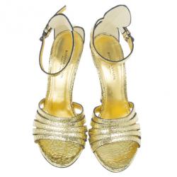 Pre Owned Bottega Veneta Gold Crackled Leather Metallic Ankle Strap Sandals Size 36